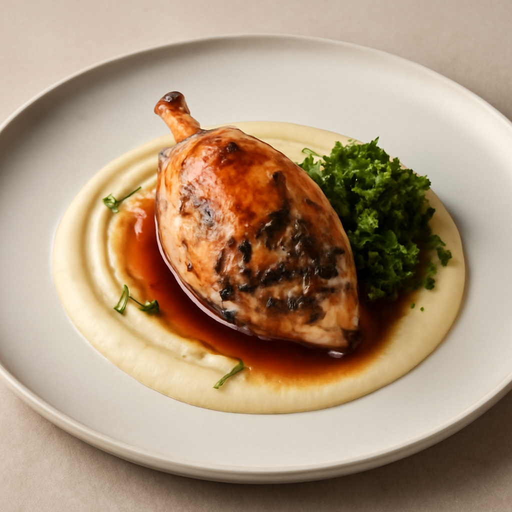 Coscia di coniglio farcito con pane e olive, su crema di sedano rapa e rapatura di broccoletti