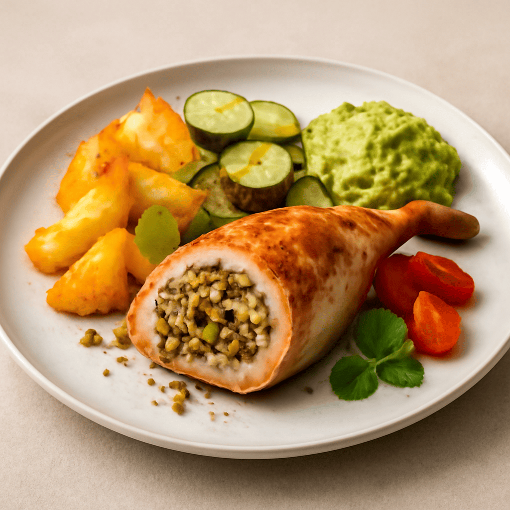 Coscia di coniglio ripiena, con patate, zucchine e salsa guacamole