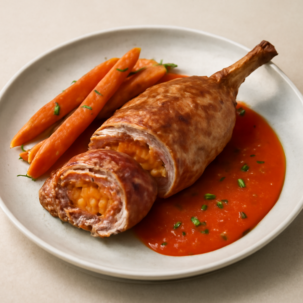 COSCIOTTO DI CONIGLIO ARROSTO CON SPECK RIPIENO DI CAROTE CON SALSA AL PEPERONE