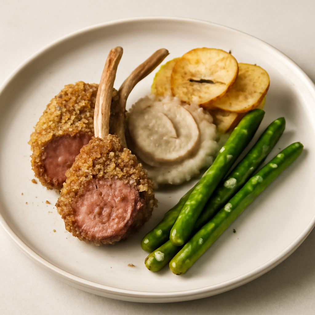 Costine di agnello in crosta di quinoa con melanzane cremose, chips al rosmarino e puntine di asparago glassate