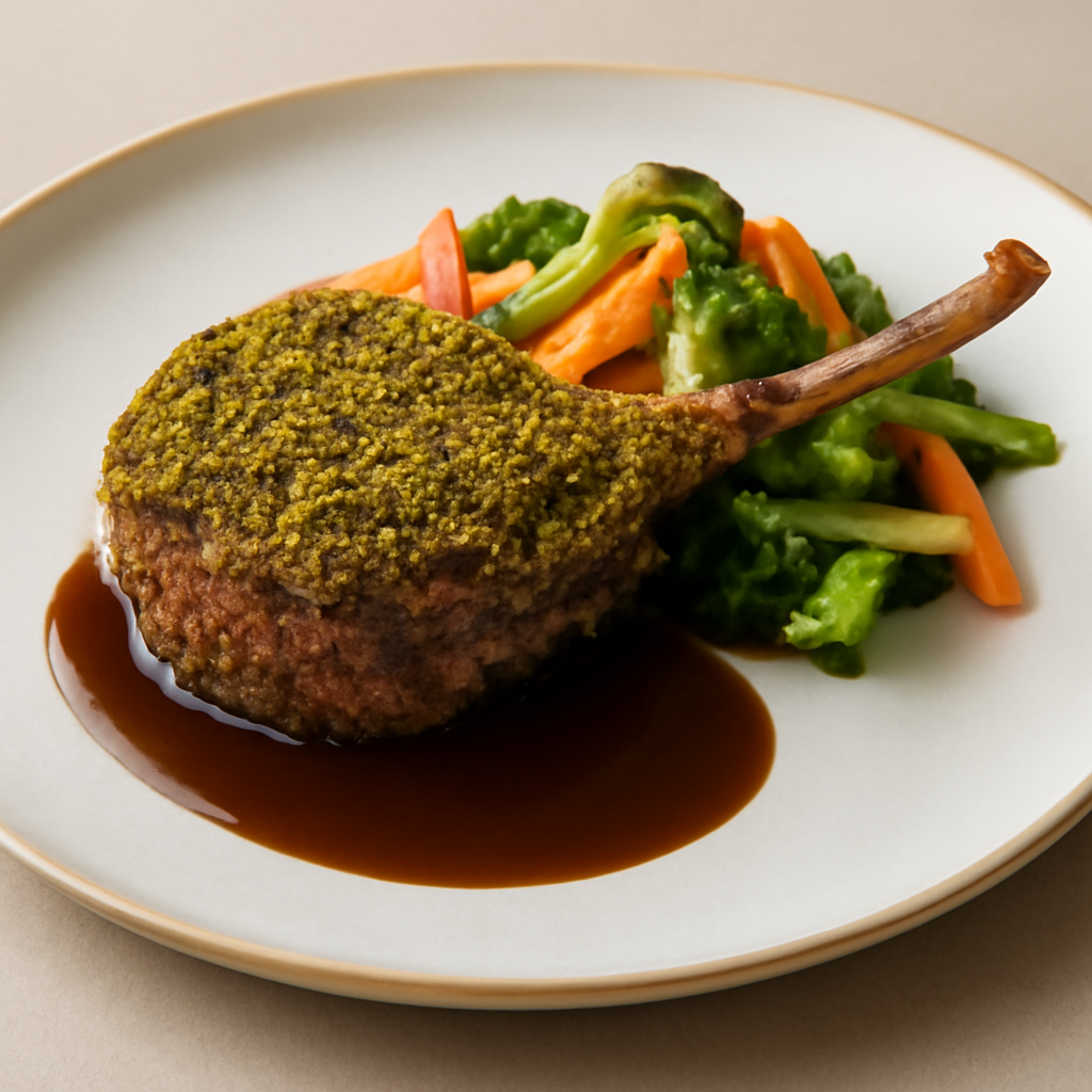 Costoletta di agnello in crosta di pistacchi su demi glace e verdure miste