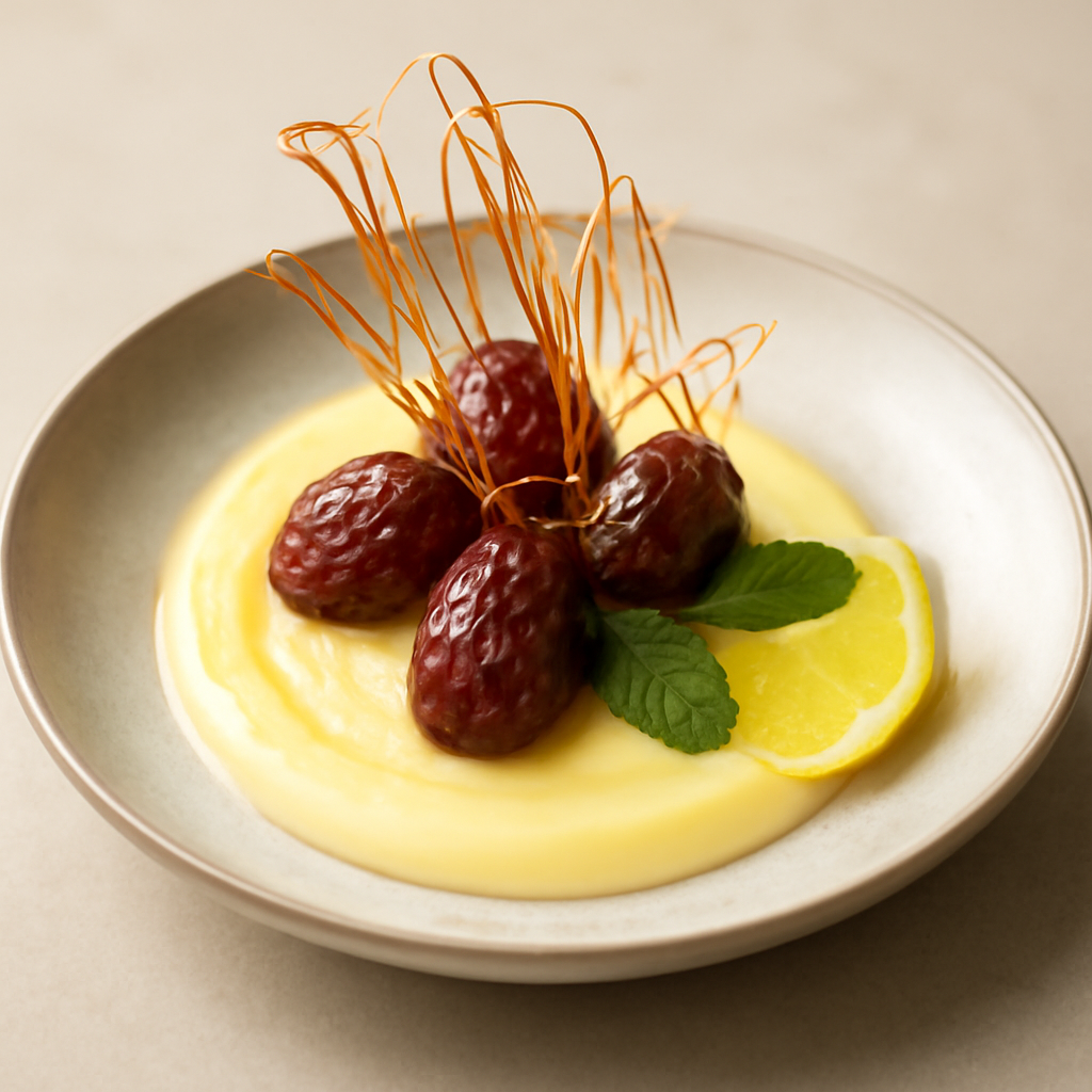 Crema al limone con sfere di datteri e struttura astratta di caramello