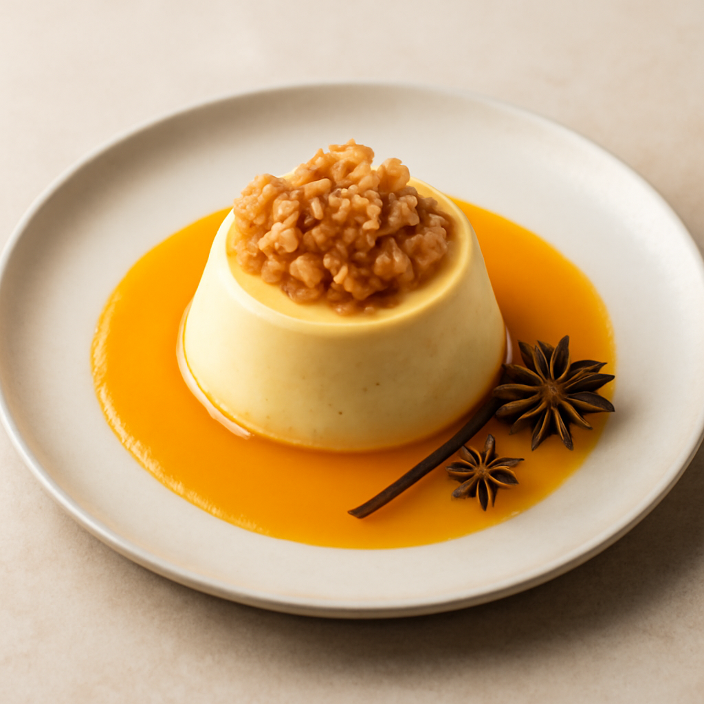 Crema cotta agrumi e macis su specchio di arancia e Anice stellato con croccante di noci