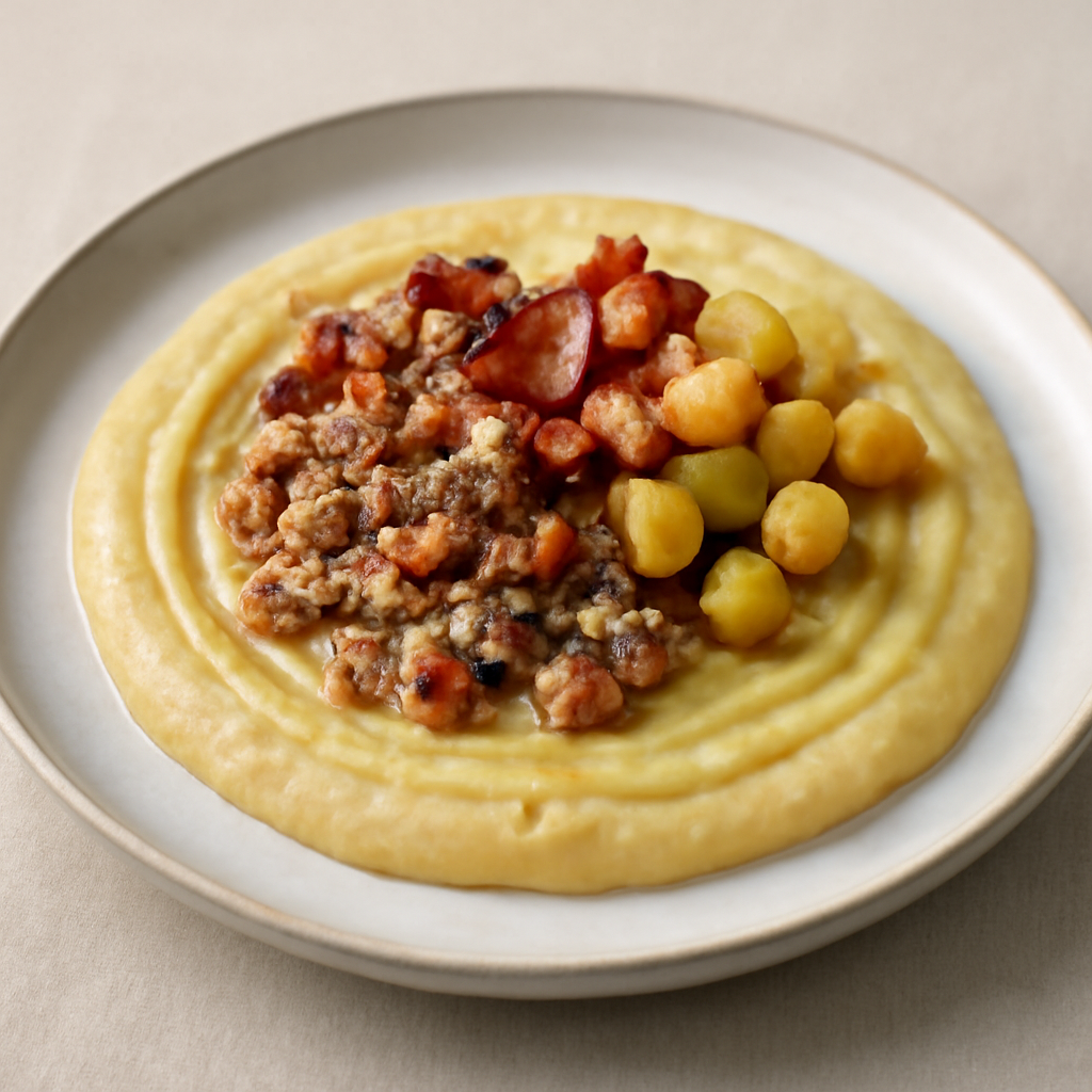 Crema di ceci con ragù bianco,bacon e patate croccanti