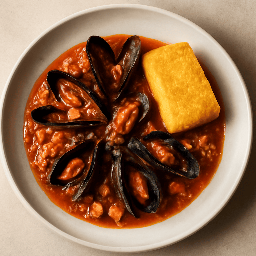 Crema di cozze e fagioli con polenta croccante