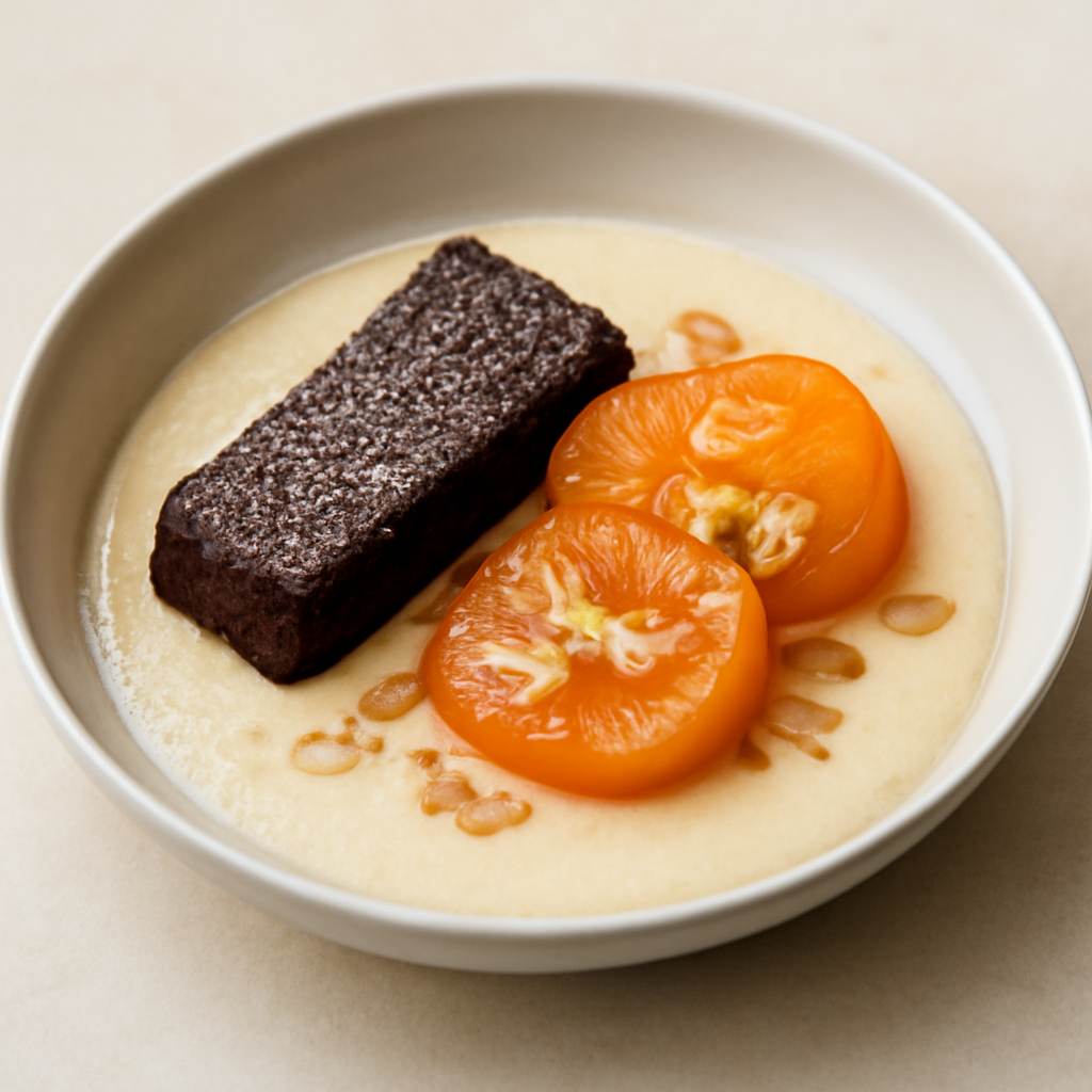 Crema di mandorle con biscotto al cioccolato e cachi sciroppati