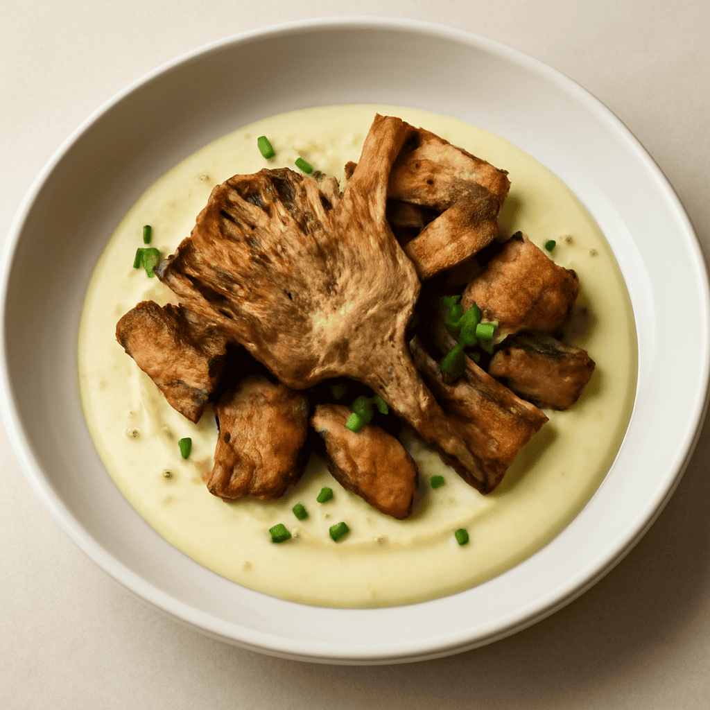 crema di patate con carciofo fritto,melanzane croccanti e erba cipollina