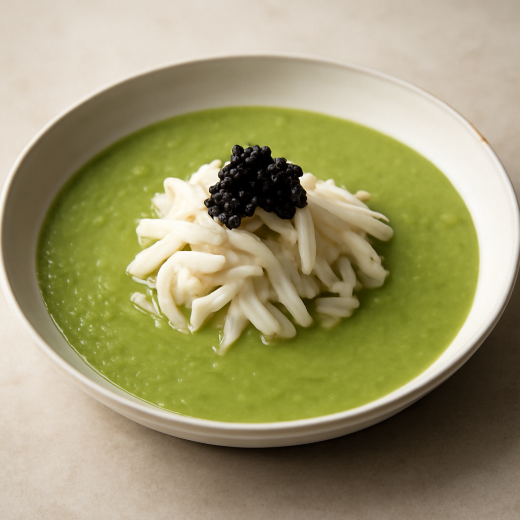 crema di piselli con julienne di seppie e caviale di nero