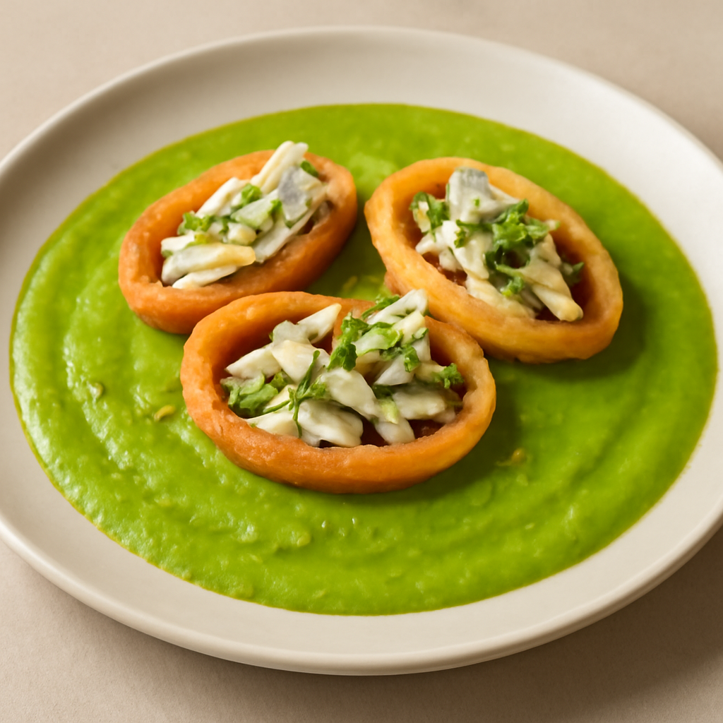 Crema di piselli e barchette di onion rings con seppia