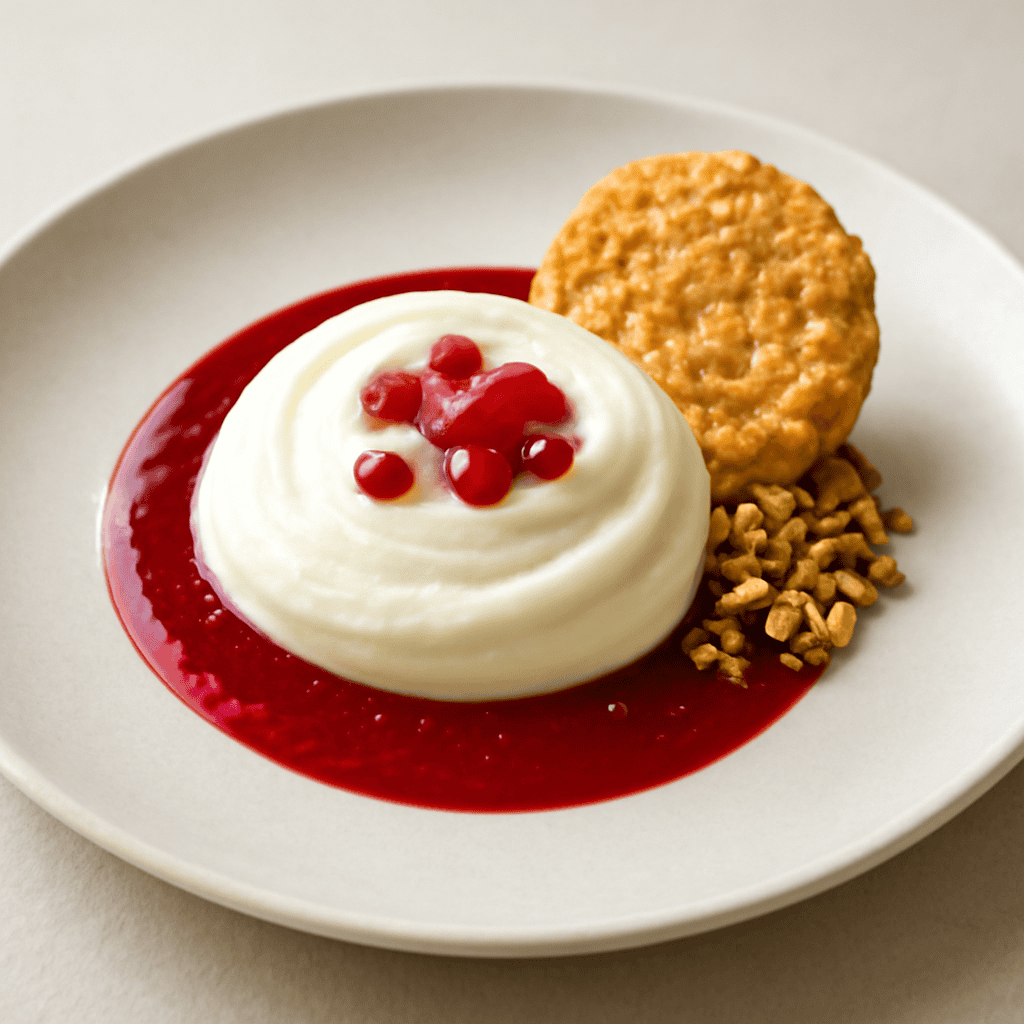 Crema di yogurt e cioccolato bianco su coulis di melagrana e cialde di nocciola