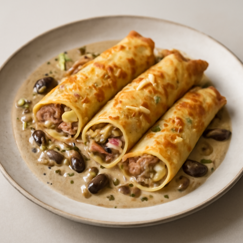 CREPES CON RIPIENO DI SALSICCIA, PATATA E FONTINA SU CREMA DI FUNGHI PIOPPINI E FILETTI DI MANDORLE TOSTATE