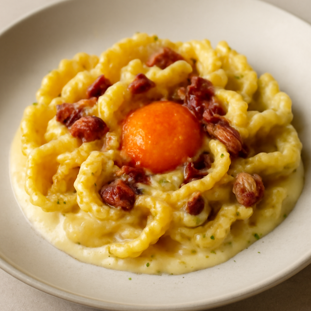 Creste di drago con crema di romano, pancetta croccante e bottarga d’uovo