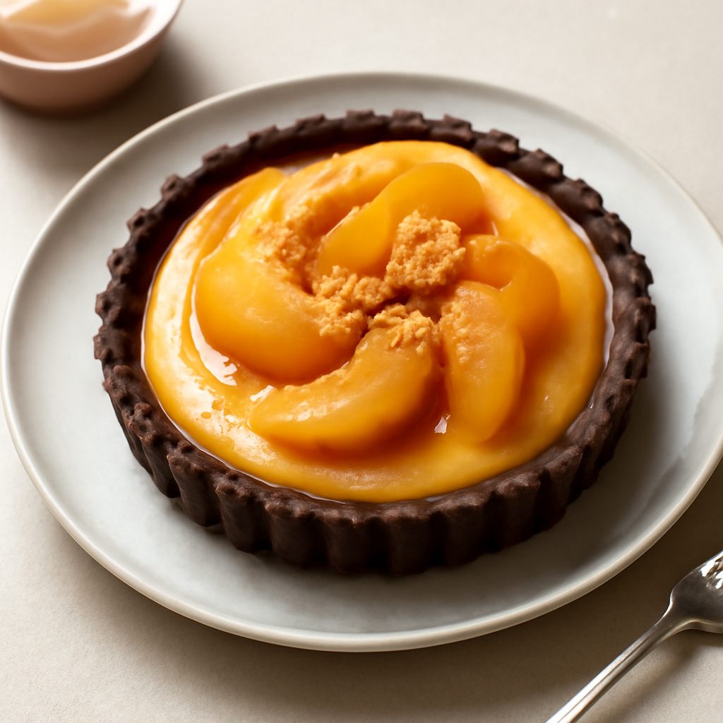 Crostata al cacao con flan alle pesche e amaretti