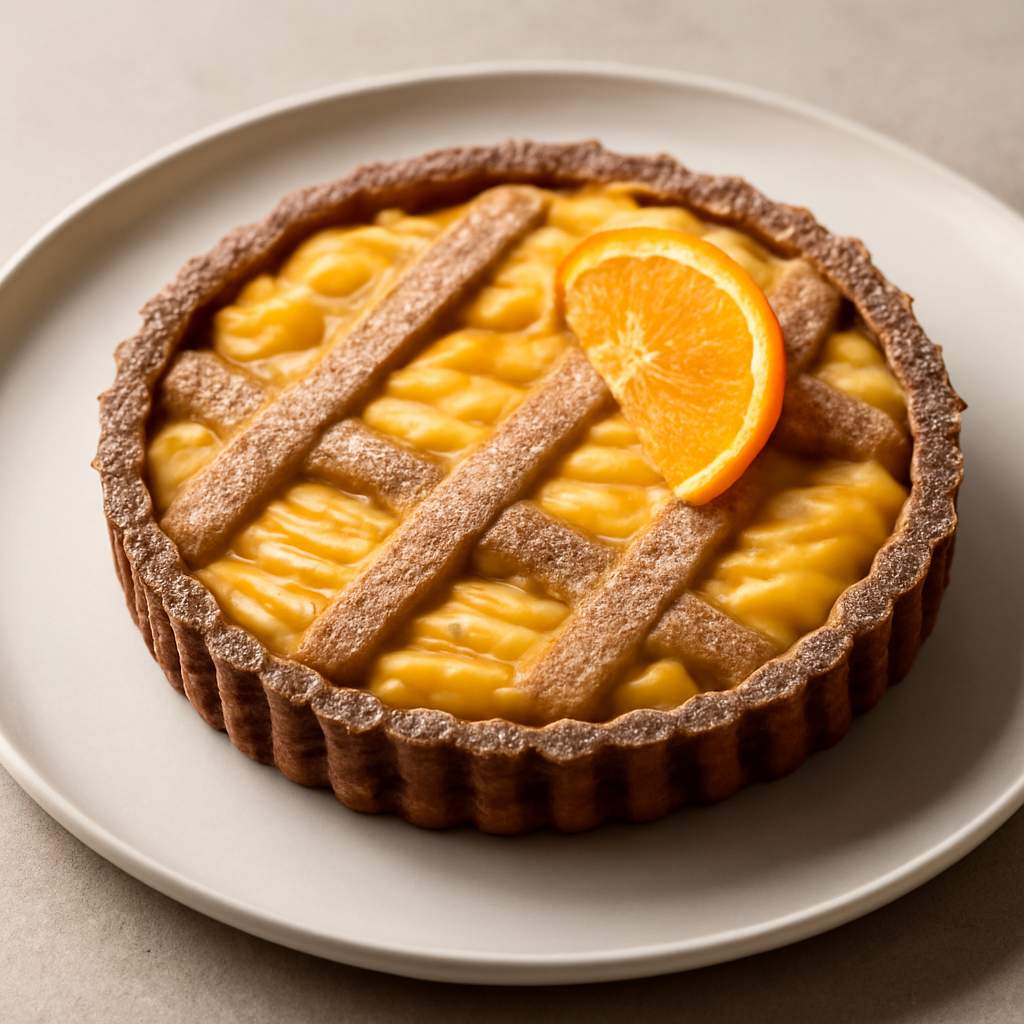 Crostata di frolla all’amaretto con crema pasticcera all’arancia