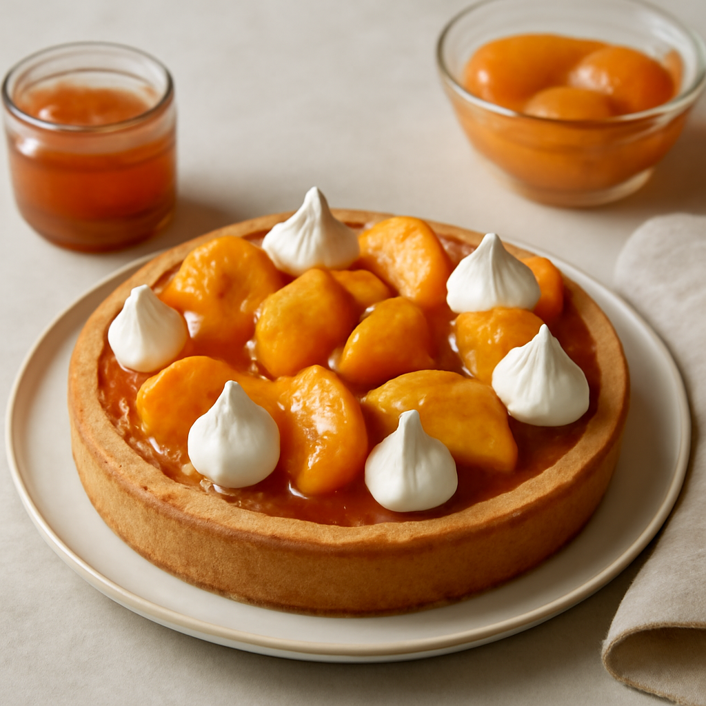 Crostata morbida con confettura di albicocche, pesche sciroppate e caramelizzate, e meringa italiana
