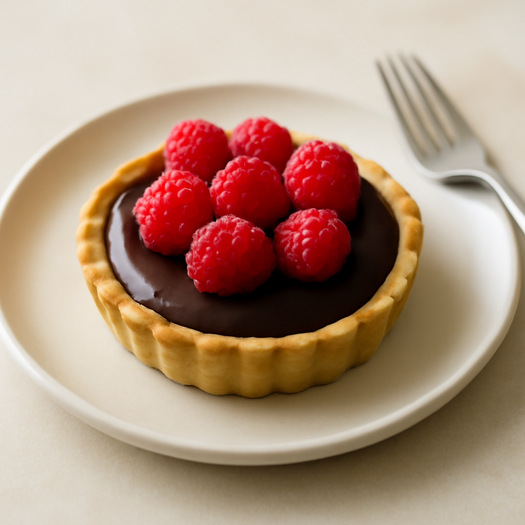 Crostatina ai lamponi e ganache al cioccolato fondente aromatizzata allo zenzero.