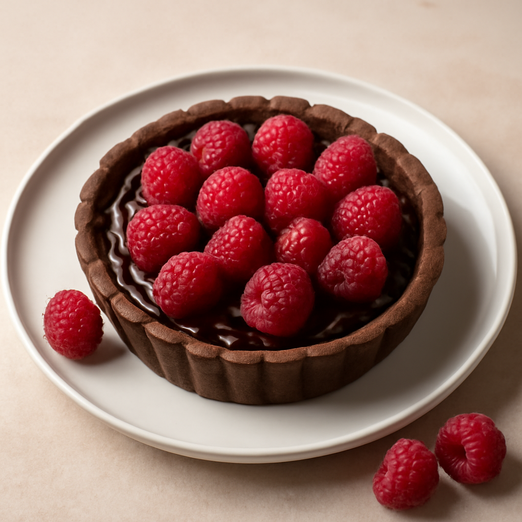 Crostatina al cioccolato, fava tonka e lamponi