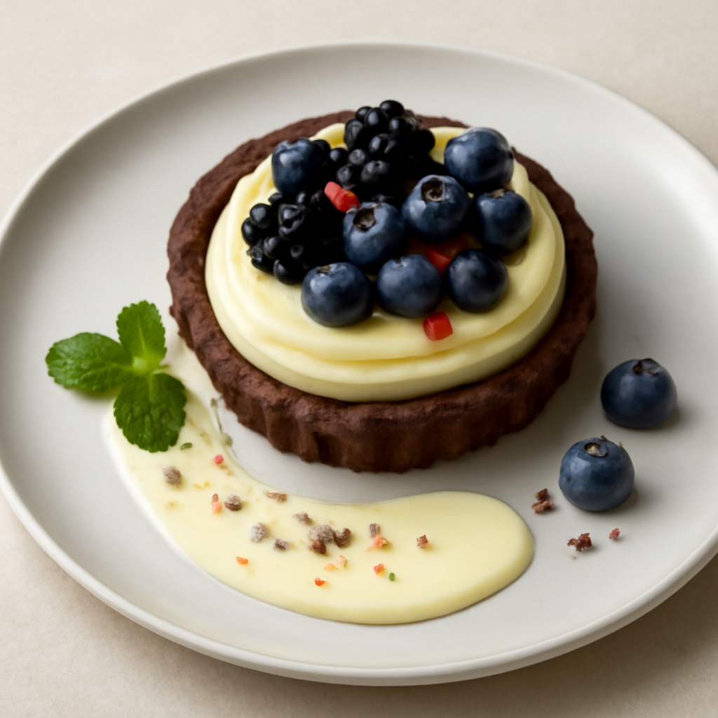 Crostatina di cioccolato e cardamomo con crema ai due pepi, more e mirtilli
