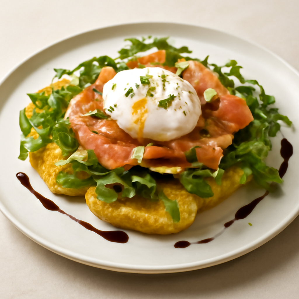 Crostini allo zafferano con rucola salmone uovo pochè e riduzione di aceto balsamico