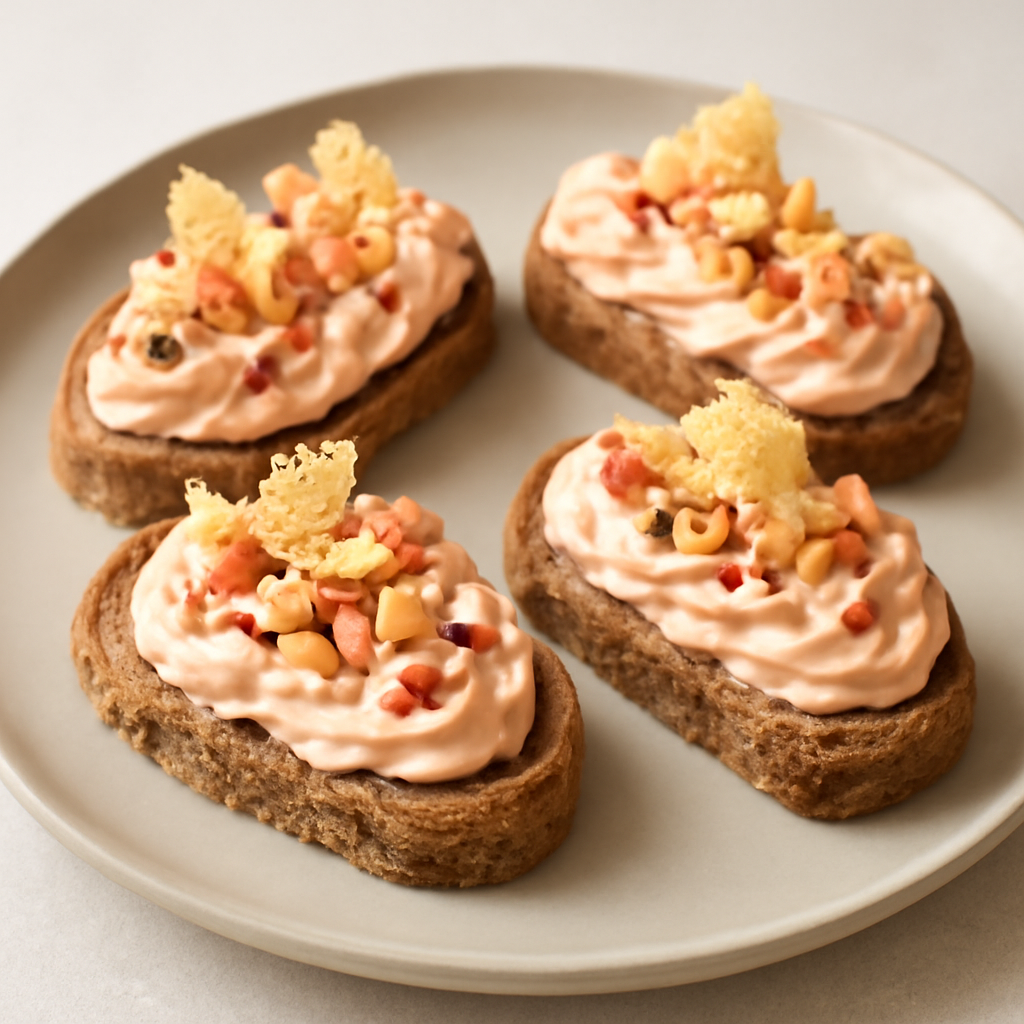 Crostini di pane ai cereali con mousse al salmone e pepe rosa, mandorle tostate e coralli di grana.