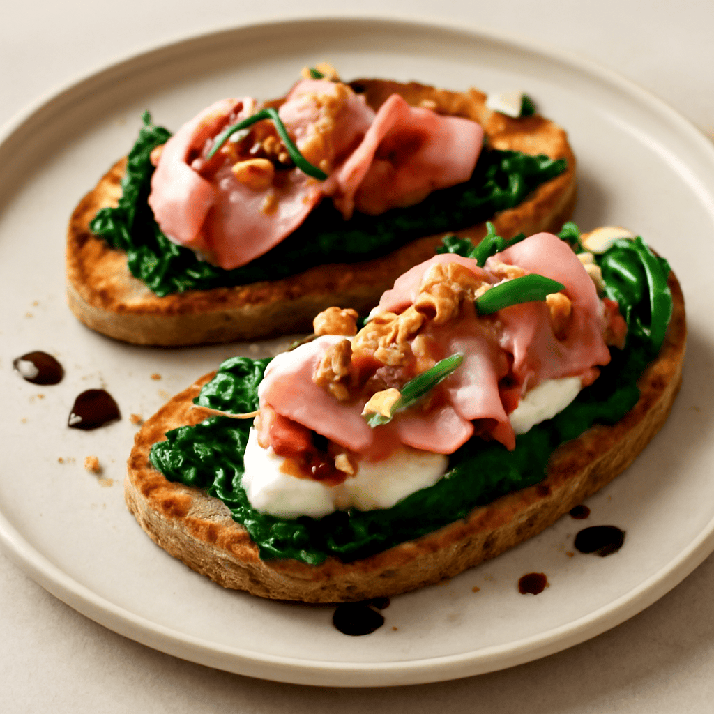 Crostini di spinaci, noci e mortadella ubriaca all’aceto balsamico