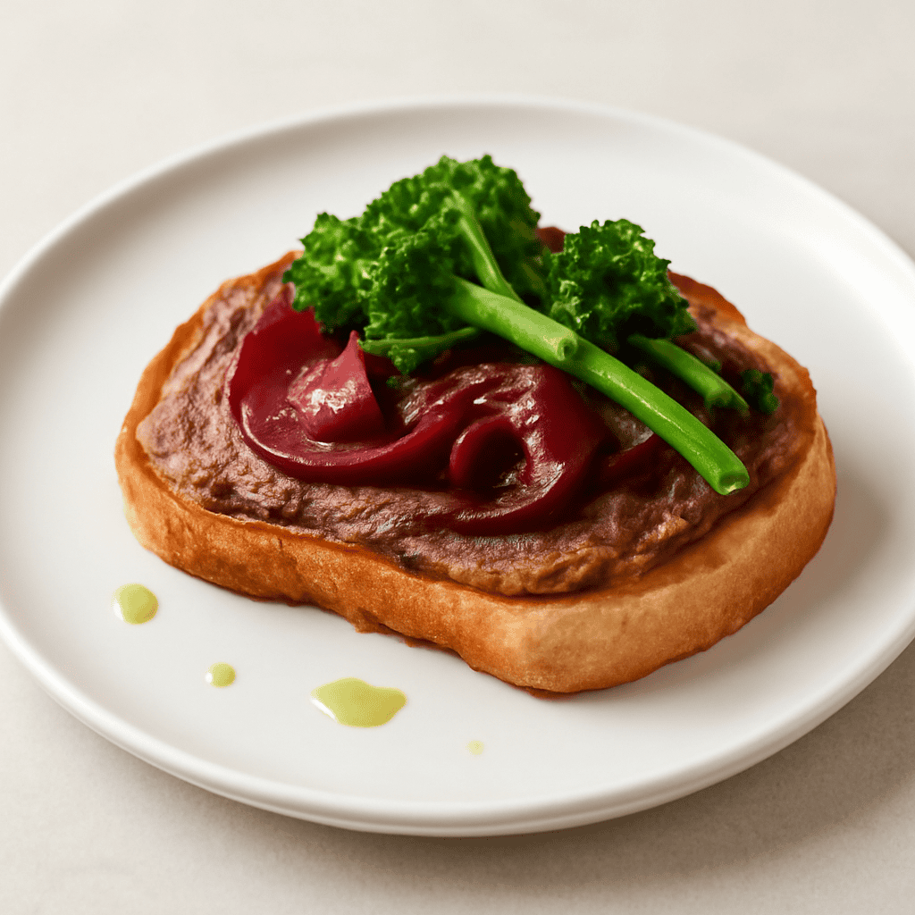 Crostino con patè di fegatini cipolle di tropea in agrodolce e broccoletti sbianchiti