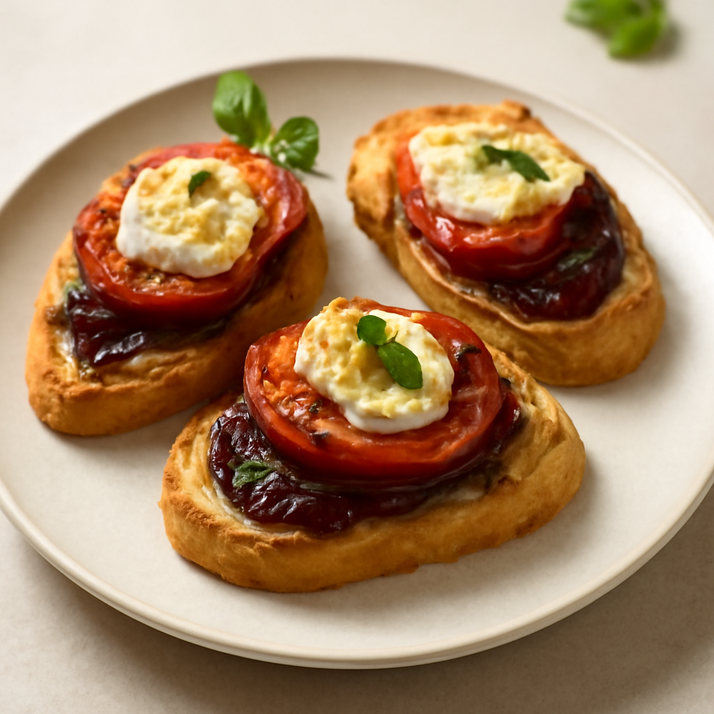 Crostoni con cipolle caramellate, pomodori gratinati e brie di capra.
