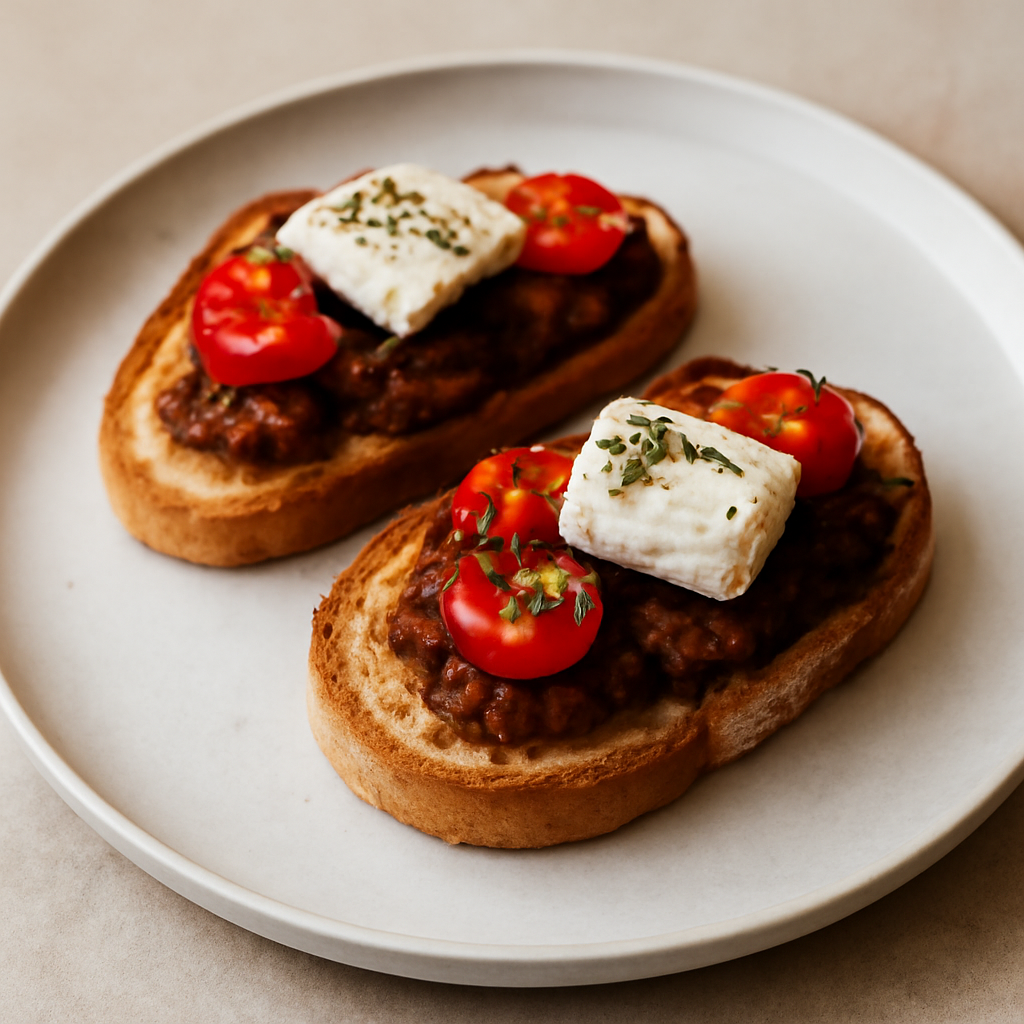 Crostoni con cipolle caramellate, pomodori gratinati e brie di capra.
