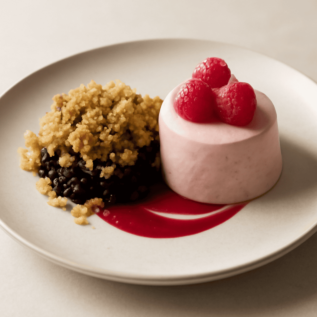 CRUMBLE AI RIBES NERI CON MOUSSE AL FORMAGGIO E LAMPONI