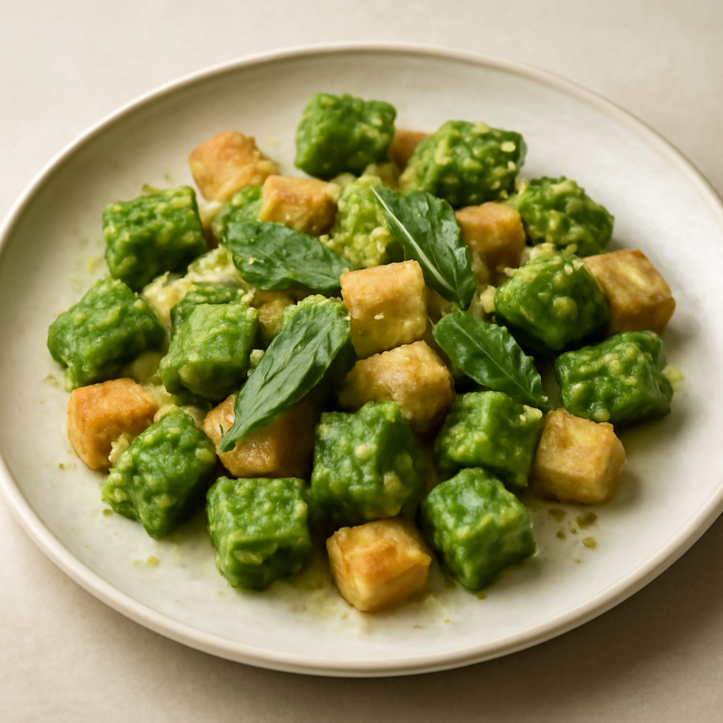 Cubetti di gnocchi verdi speziati                 Cubetti di patate Speziati e saltati con Salvia