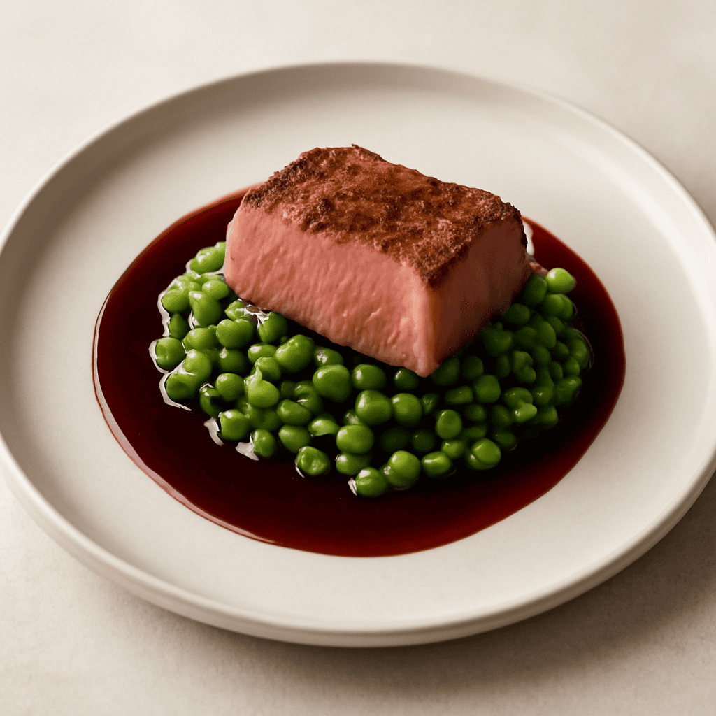 Cubotto di tagliata salsa ai piselli e riduzione al vino rosso