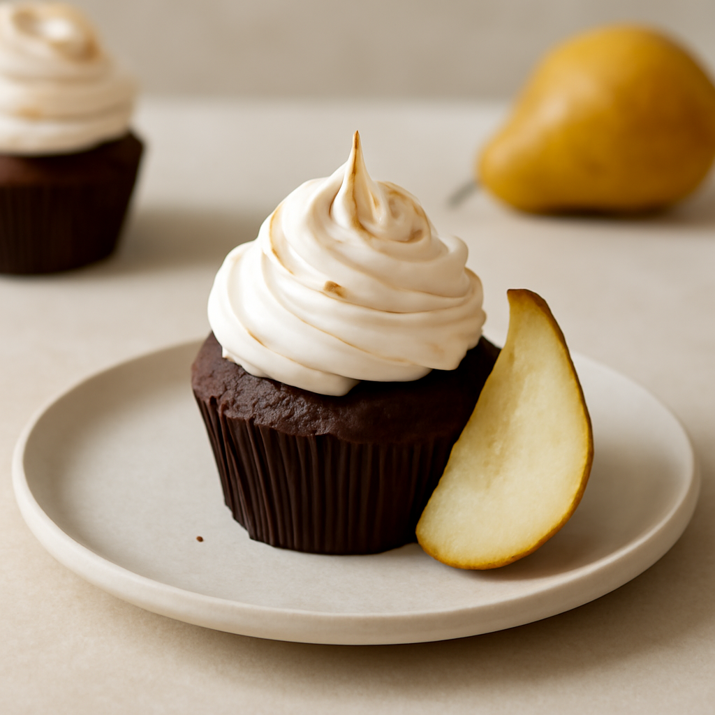 Cup cake al cioccolato e pera con crema al burro meringata