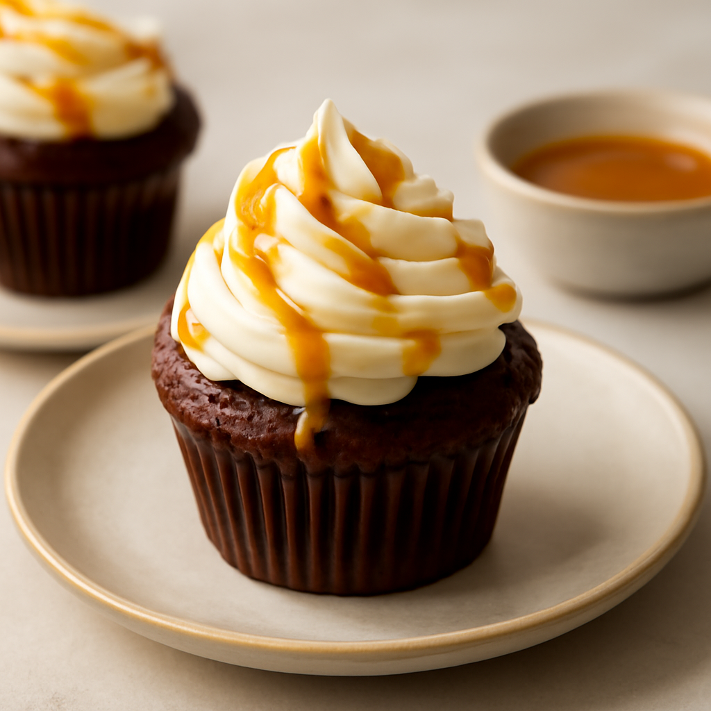 Cupcake al cioccolato, con frosting al cioccolato bianco e caramello salato