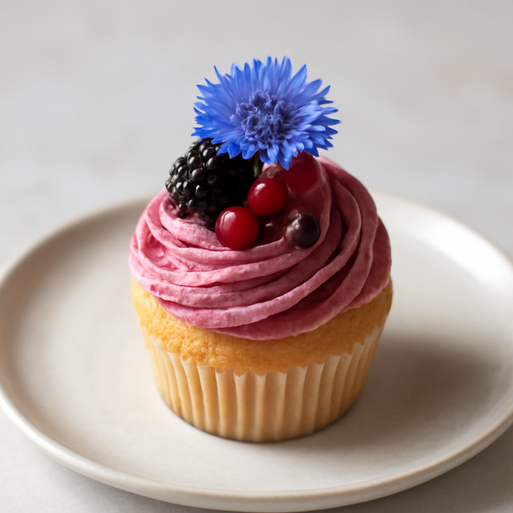 cupcake alla vaniglia con crema ai frutti di bosco e fiordaliso
