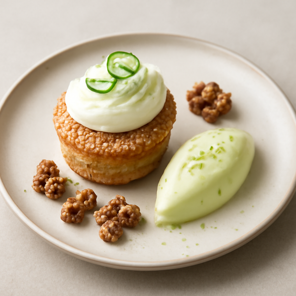 Cupcake di cocco destrutturato con mousse al lime e croccanti di noci