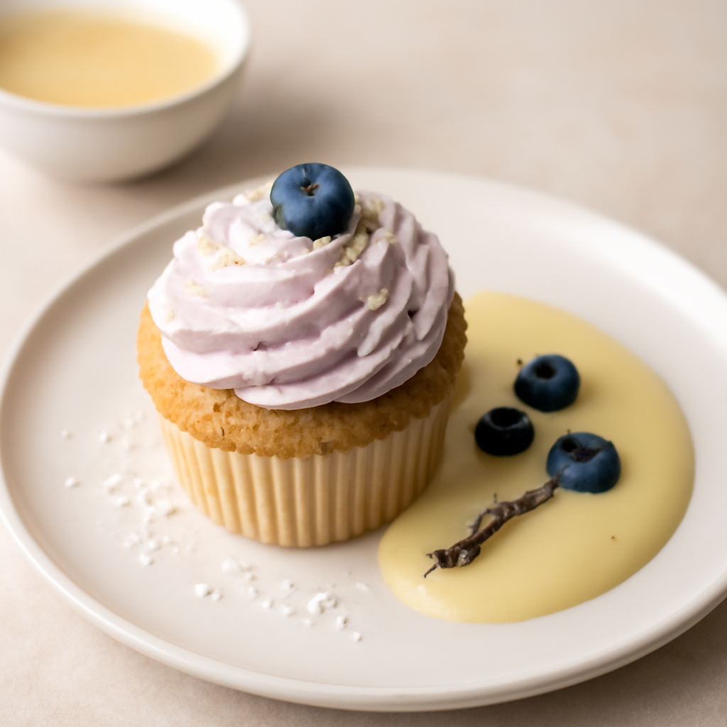 Cupcake mirtilli e cocco con crema inglese alla lavanda