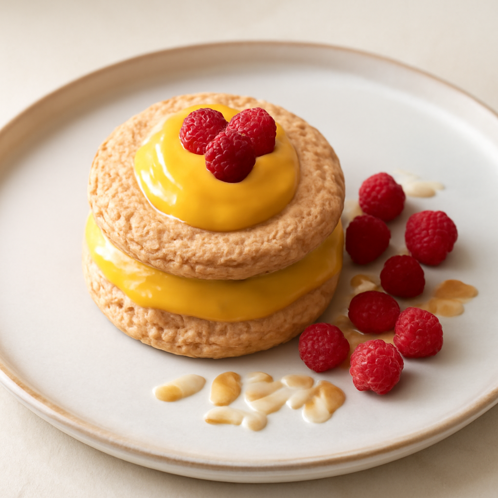 Dacquoise alle mandorle con crema al mango e fragoline