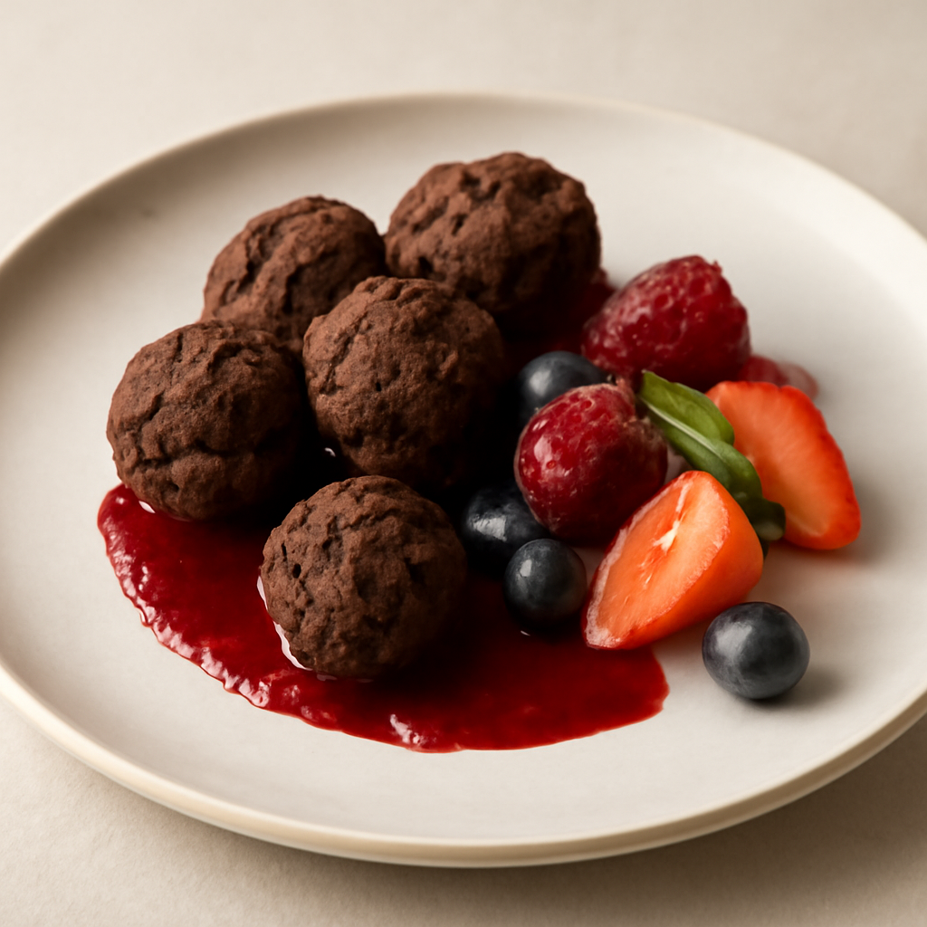 Diamantini al cioccolato con riduzione di lamponi e frutta fresca
