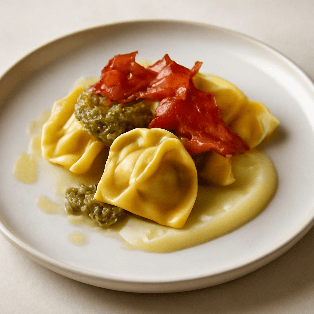 Fagottini al gorgonzola con pesto di noci, purea di pere e speck croccante
