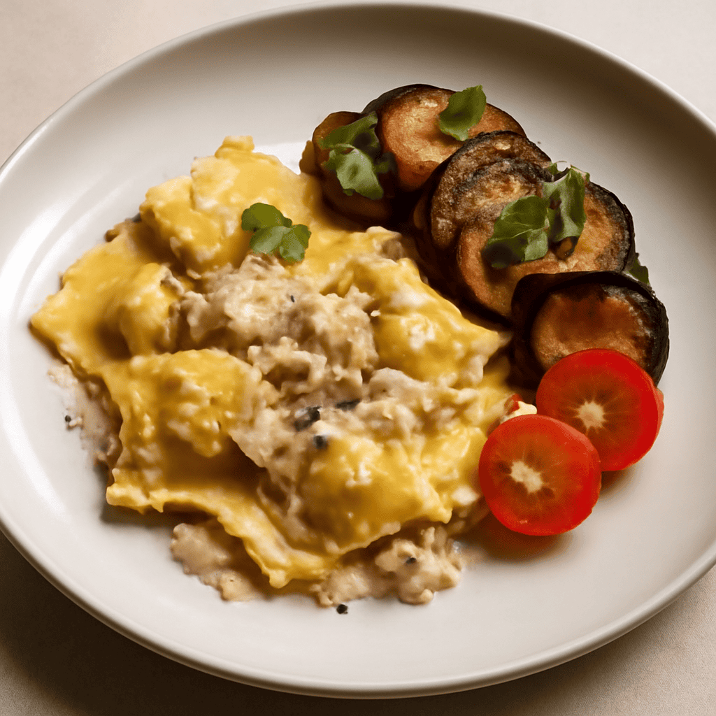 Fagottini al ragu bianco con melanzane alla menta al profumo di agrumi
