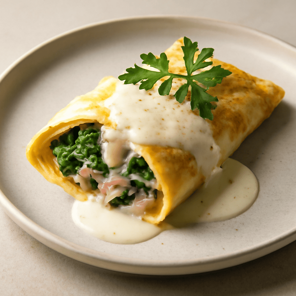Fagottino di crepes con ripieno di spinaci e prosciutto cotto