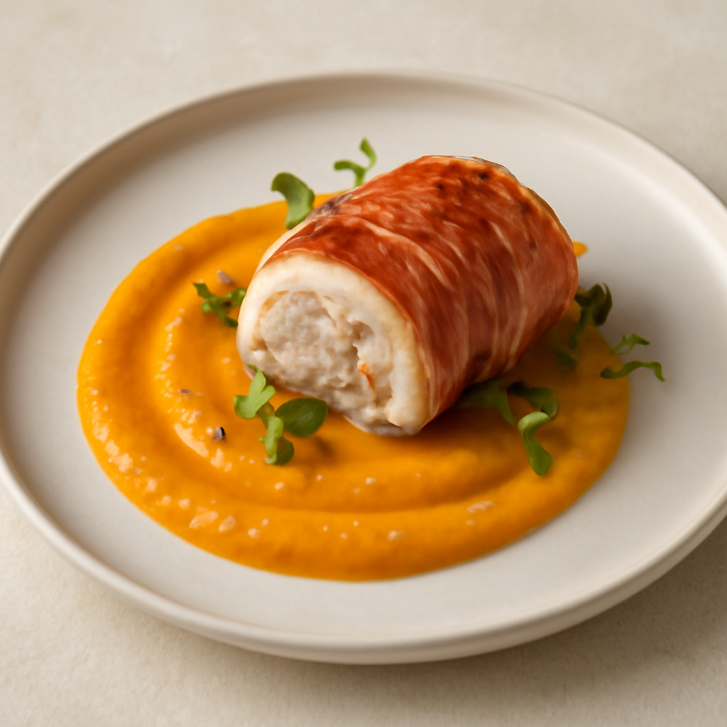 FAGOTTINO DI POLLO E SPECK CON CREMA ALLE CAROTE