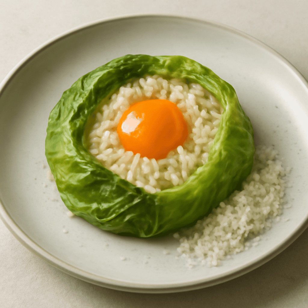 Fagottino di verza con risotto al grana e cuore di tuorlo gelificato