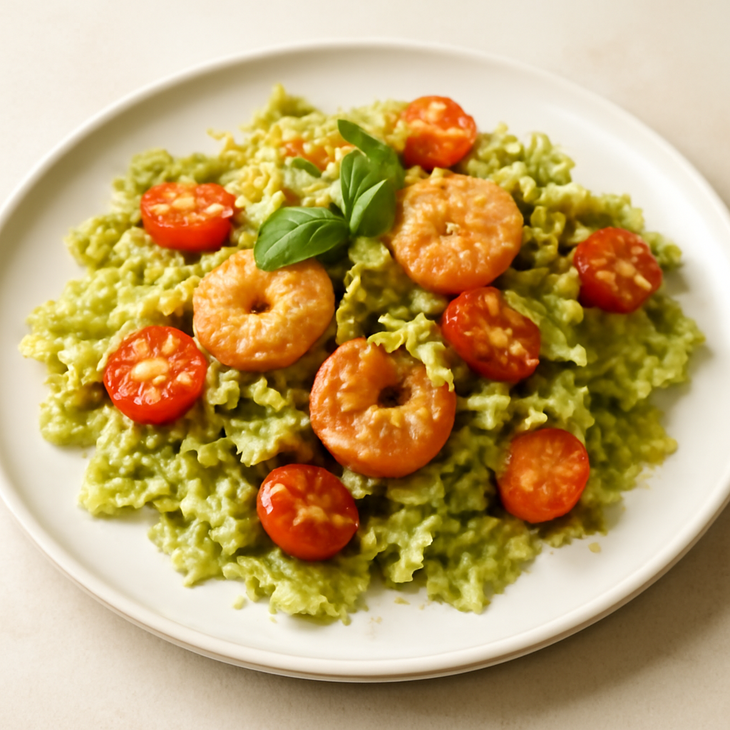farfalle al pesto con gamberi e pomodorini