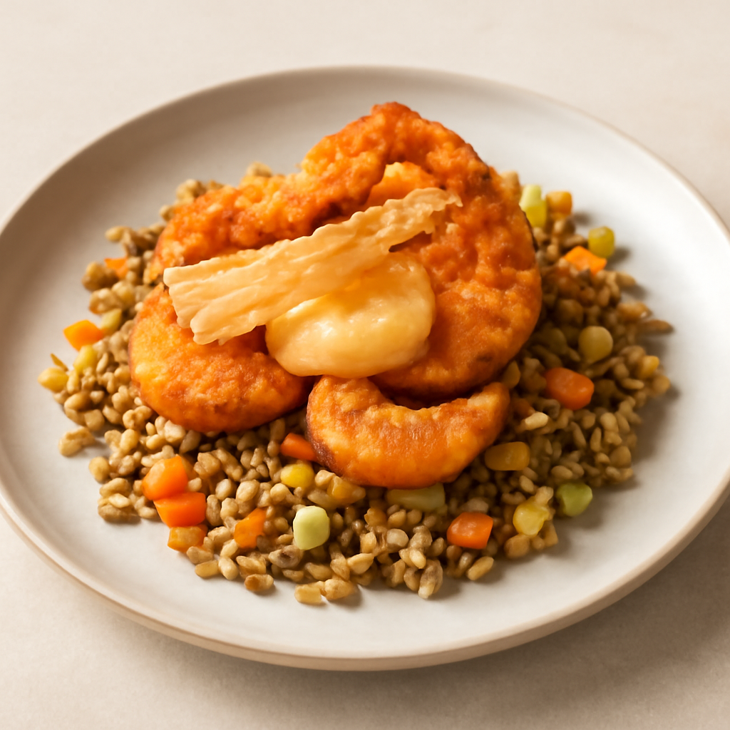 Farro alle verdure con mazzancolle croccanti e maionese all’arancia