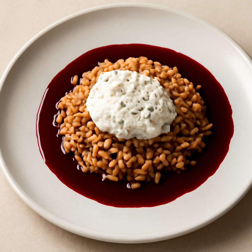 Farro ippocrasso con ricotta e riduzione al vino rosso