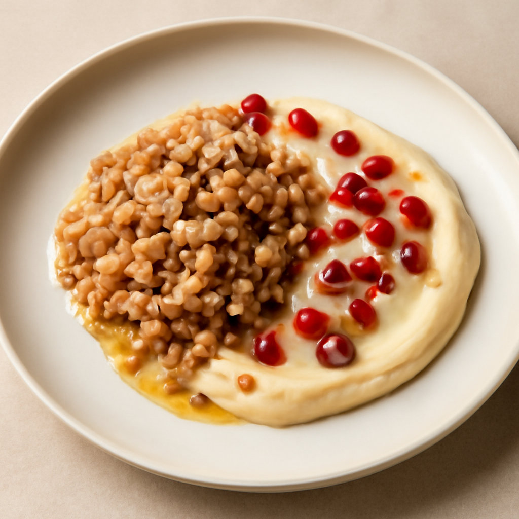 Farro risottato con crema di pecorino e nocciole, crema di ceci e polpa di melograno