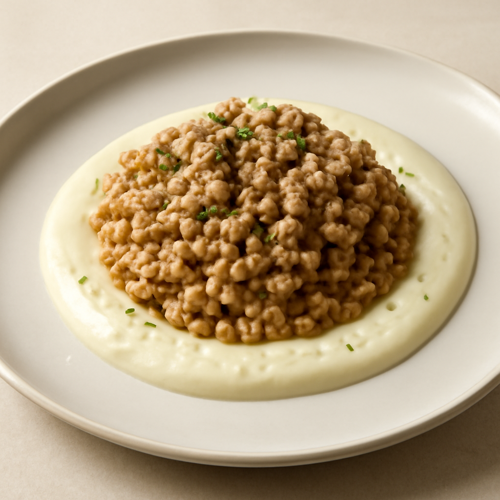 Farro risottato con ragù bianco e crema di cipolla