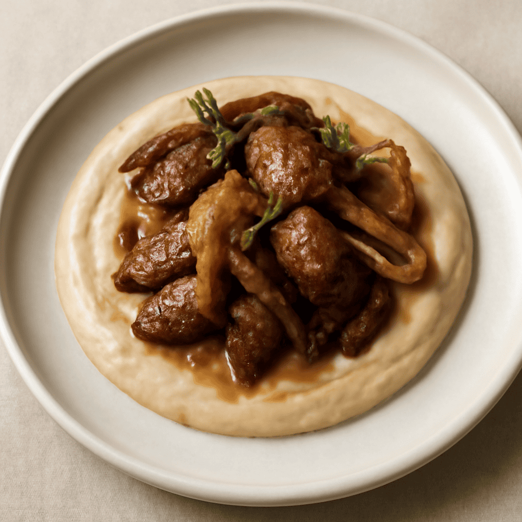 Fegatini su vellutata di funghi e cipolla in agrodolce