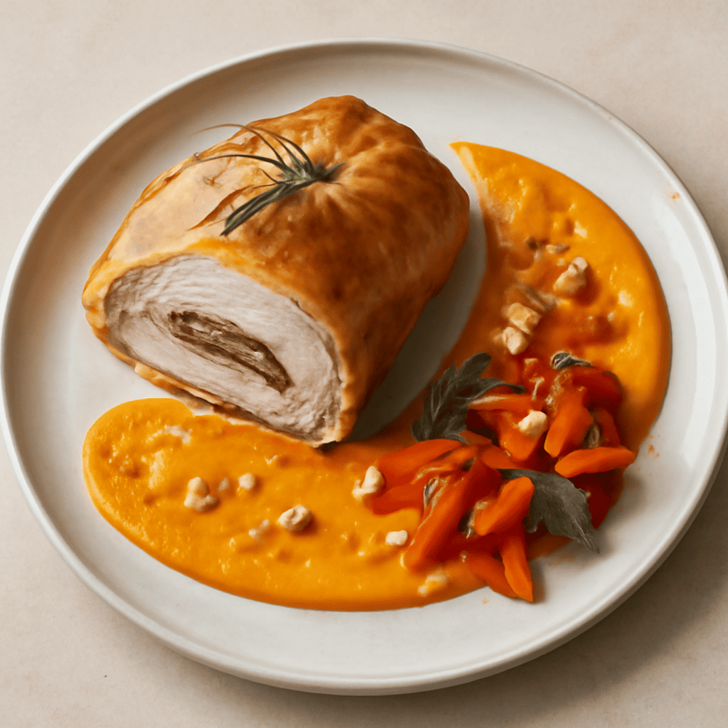 Fesa di tacchino in crosta con crema di zucca con nocciole e peperoni in agrodolce